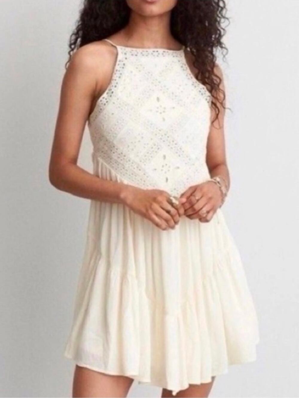 American Eagle Romantic Western Boho Crochet Halter Mini Dress off white S 4196